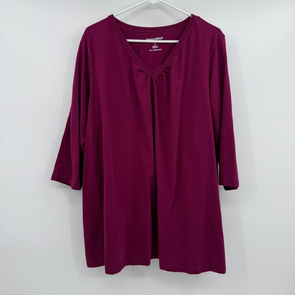 Woman Within Top Women 1X Burgundy Solid 3/4 Sleeve V Neck Cotton Casual T Shirt - Picture 1 of 9